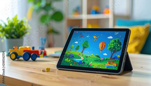 Tablet with cartoon landscape on wooden table in playroom.
