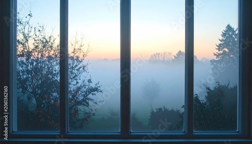 Sunrise over foggy forest seen through wide window frame.