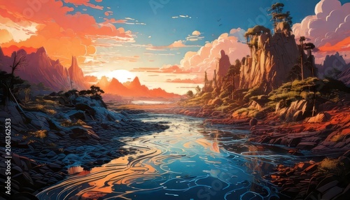 Vibrant Sunset Over a Serene Mountain River Landscape.