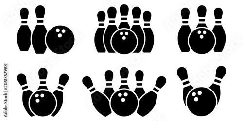 Bowling Game Equipment Icons with Pins and Ball Designs Bowling pins and bowling ball icon set in outline and solid styles