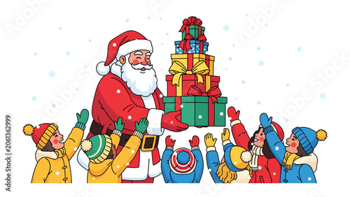фотографія Santa Claus Delivers Holiday Cheer: A joyful Santa Claus, dressed in his iconic red suit and hat, distributes a tower of brightly wrapped presents to eager children gathered around him