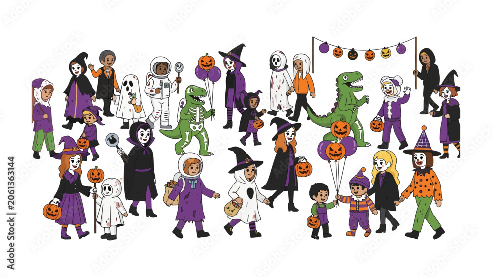 Fototapeta premium Halloween Celebration: A vibrant and whimsical illustration depicts a diverse group of children dressed in imaginative Halloween costumes.