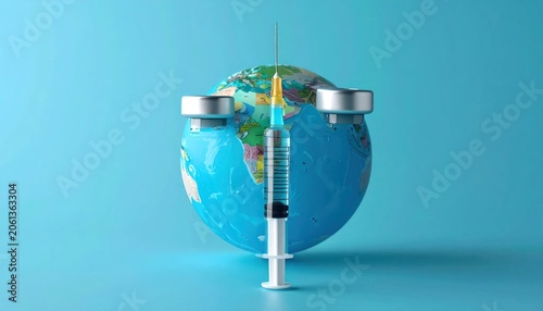 Syringe and vaccine vials on globe against blue.