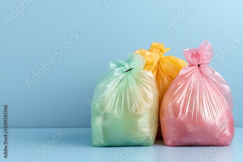 Three pastel-colored garbage bags tied at the top sitting on a blue surface against a light blue background