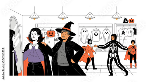 Fotografía Halloween Costume Shop: People in various Halloween costumes, including a vampire, witch, skeleton, and superhero, browse and try on outfits in a festive shop, embracing the spirit of the holiday