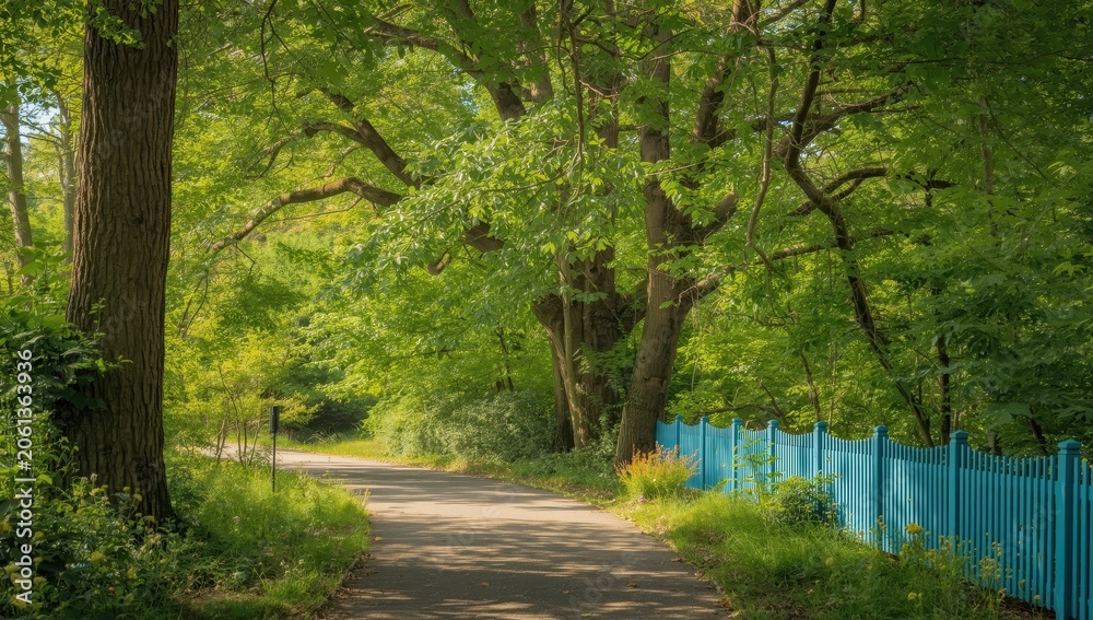Fototapeta premium Trail among foliage and upright azure barrier.
