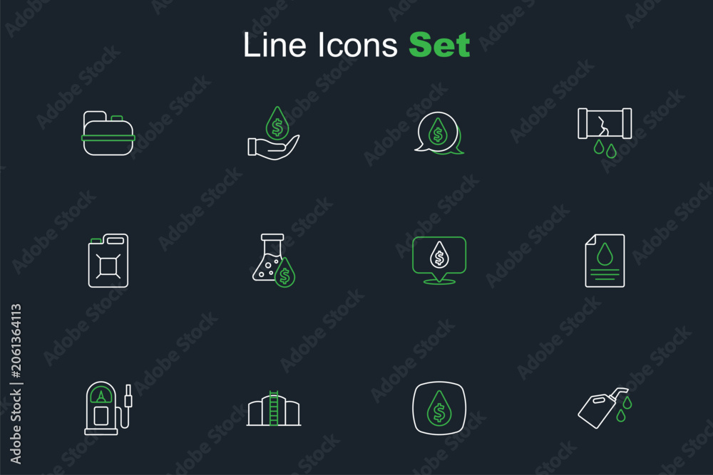 Naklejka premium Set line Canister for motor machine oil, Oil drop with dollar symbol, tank storage, Petrol gas station, Contract money and pen, petrol test tube and gasoline icon. Vector