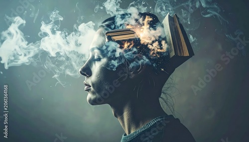 Surreal profile of person with smoke and book.