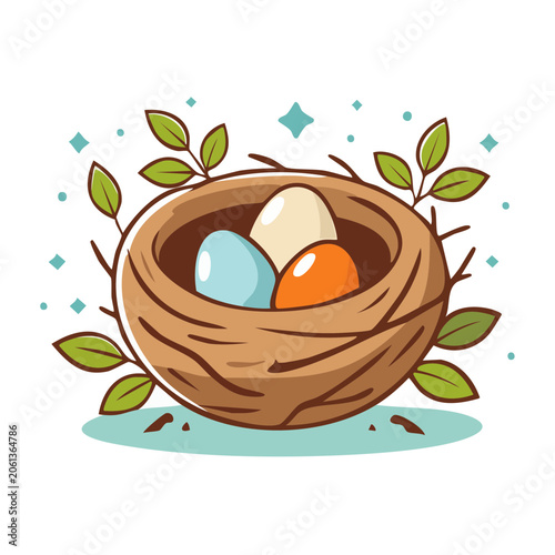 Bird Nest with Colorful Eggs and Green Leaves