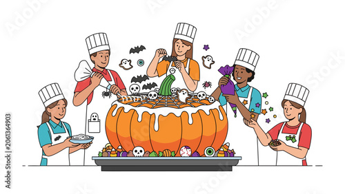 Quadro su tela Halloween Pumpkin Decoration Activity: A group of children, dressed as chefs, creatively decorate a giant Halloween pumpkin dessert, surrounded by playful bats and ghosts