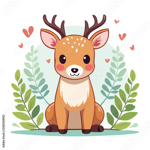 Cute Cartoon Deer with Antlers and Leaves