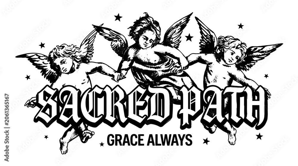 Obraz premium Sacred path grace always. Vintage cherub angel graphic design for t shirt print, poster, sticker. Streetwear aesthetic artwork.