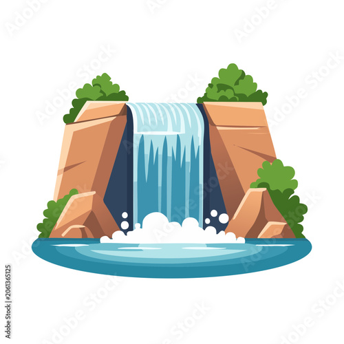 Flat design illustration of a waterfall with rocks and trees