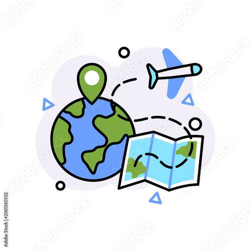 Colorful travel icon featuring globe, folded map, location pin and airplane.