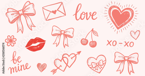 Valentine's Day Elements, Hand-drawn Vector Illustration With Red Accents