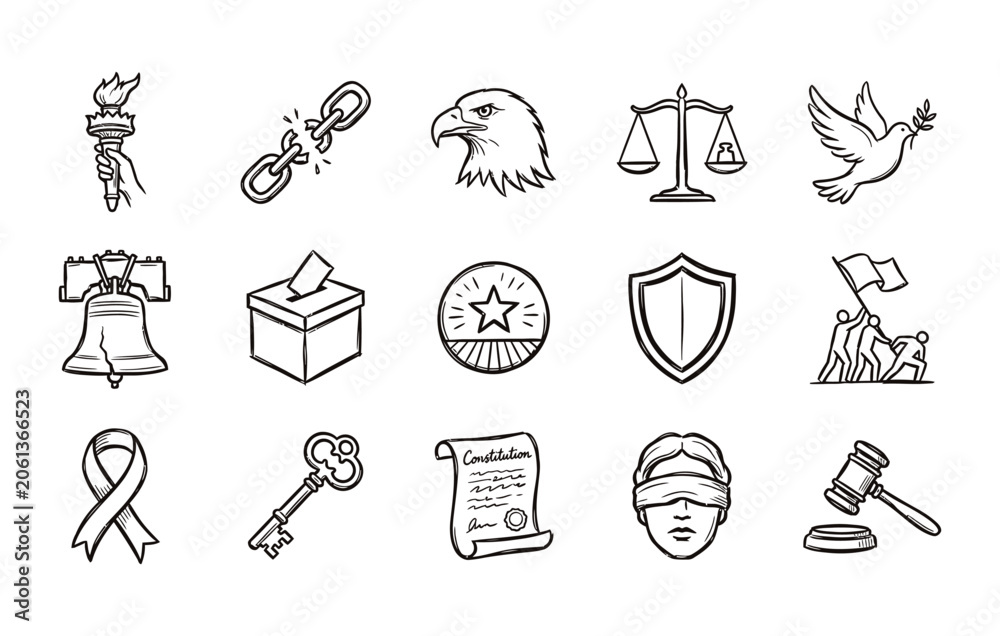 Fototapeta premium American patriotism and human rights outline illustrations featuring liberty bell and bald eagle