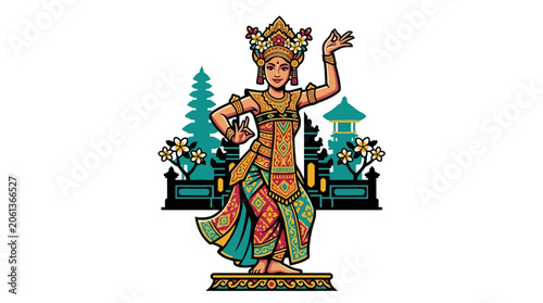 Traditional Balinese dancer performing in front of a temple gate vector illustration. EPS Editable