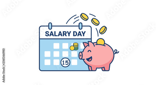 Happy Piggy Bank and Calendar Celebrating Salary Day with Falling Coins Financial Savings and Income Concept