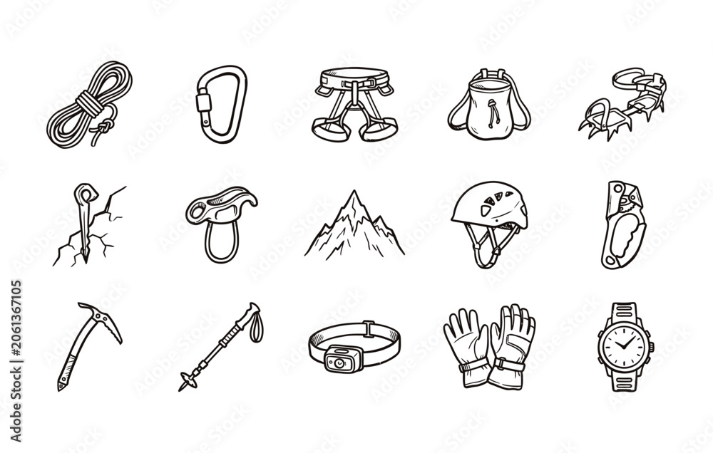 Fototapeta premium Alpine expedition gear and hiking accessories outline illustrations featuring ice axe and carabiner