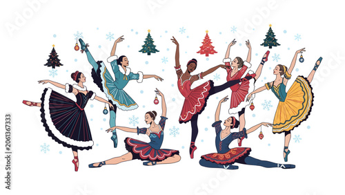Konstfotografi Christmas Ballet Performance: A troupe of ballerinas in festive holiday costumes performs a graceful ballet against a backdrop of snow and Christmas trees, evoking a sense of holiday cheer