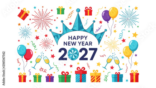 Fotografie Happy New Year 2027 Celebration Graphic: A vibrant and festive illustration marking the arrival of New Year 2027, featuring a crown, fireworks, balloons, gift boxes