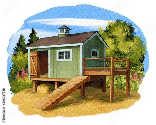 Watercolor Chicken Coop Illustration - Backyard Poultry House Clipart