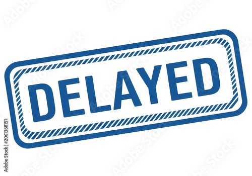 Red delayed stamp or badge with white text on clean background isolated on transparent background