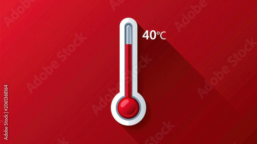 Thermometer reading 40c against red background, symbolizing extreme heat, heatwave and global warming, also evoking fever, medical risk and urgent climate warning