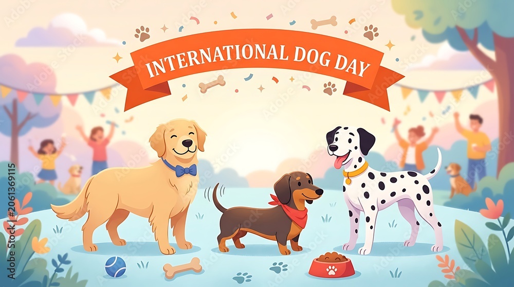 Naklejka premium Happy international dog day celebration with cute cartoon puppies playing together in a colorful park scene