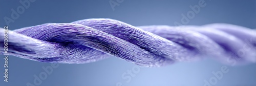 Twisted purple thread macro showing intricate fiber texture and detailed weave pattern isolated against soft blue gradient for textile industry and manufacturing concepts
