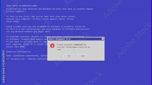 Classic blue screen of death error page fault in nonpaged area with memory management error popup window