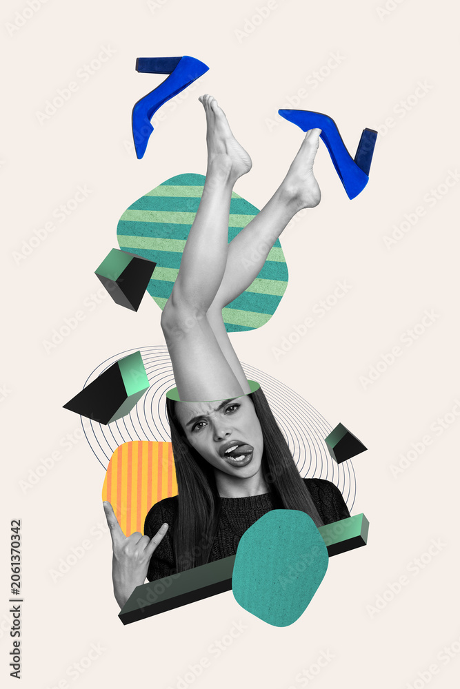 Naklejka premium Creative poster collage of funny female cut head choose heels sale summer vacation beach legs varicose problem barefoot feet