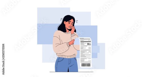 Worried Woman Looking at Bill - Financial Stress and Debt Concept