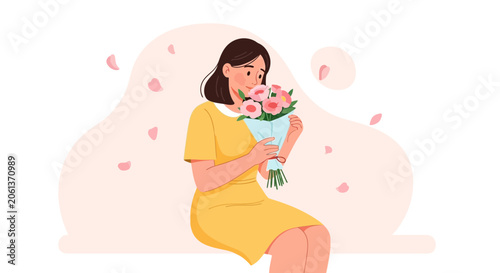 Woman in Yellow Dress Smelling Pink Flowers, Vector Illustration with Soft Background and Petals
