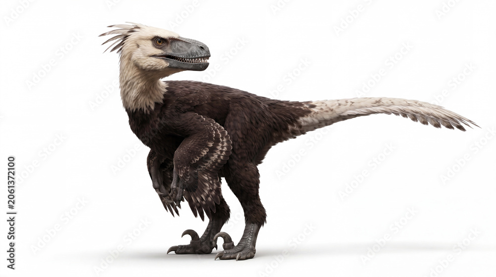 Fototapeta premium Utahraptor ostrommaysorum looking back over its shoulder in an alert posture, displaying accurate feathered anatomy and detailed scientific paleontological reconstruction isolated on white background