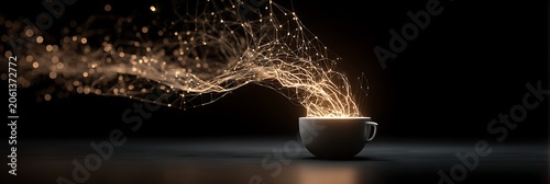 Ceramic coffee cup with glowing digital data stream flowing upward into abstract network of golden nodes and connections against a dark minimalist studio environment
