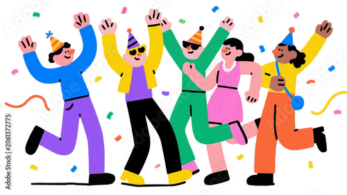 Happy Friends Dancing and Celebrating Party with Confetti Illustration Graphic For T Shirt