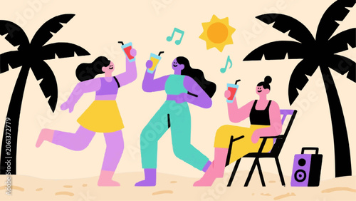 Young People Enjoying Music Festival and Dancing Together Illustration Graphic For T Shirt
