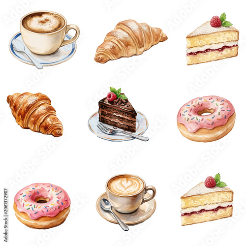 Collection of coffee with cakes pastries cookies and sweet desserts isolated on a white background