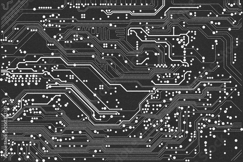 Flat offset retro-style microelectronics circuit board illustration. The abstract old print texture of modern digital technology, computer, motherboard, or high-tech technology 