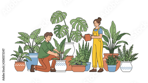 Obraz na plátně Gardening Together: A man and woman tend to a lush collection of potted plants, sharing a moment of calm and connection amidst greenery