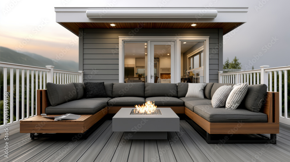 Fototapeta premium Modern outdoor patio with gray sectional sofa, fire pit, wooden deck, and mountain view creates cozy, inviting atmosphere for relaxation