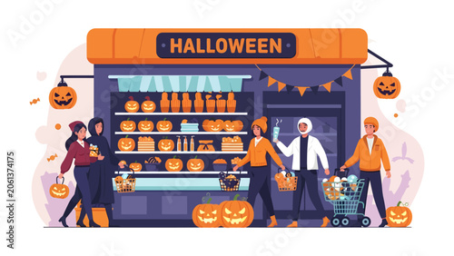 Photos Halloween Shopping Spree: A vibrant illustration depicts shoppers browsing shelves filled with Halloween treats and decorations at a festive store, embracing the spirit of the spooky season