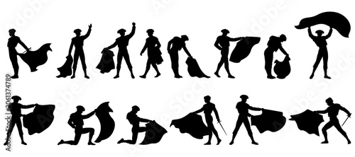 Photos Matador silhouette collection, matador with cape in various poses, Spanish matador silhouette vector art