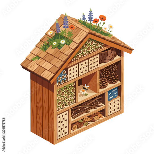 Wooden insect hotel illustration with green roof and natural nesting materials for garden biodiversity. EPS Editable