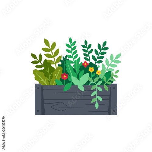 Wooden planter box with green plants and flowers vector illustration. EPS Editable
