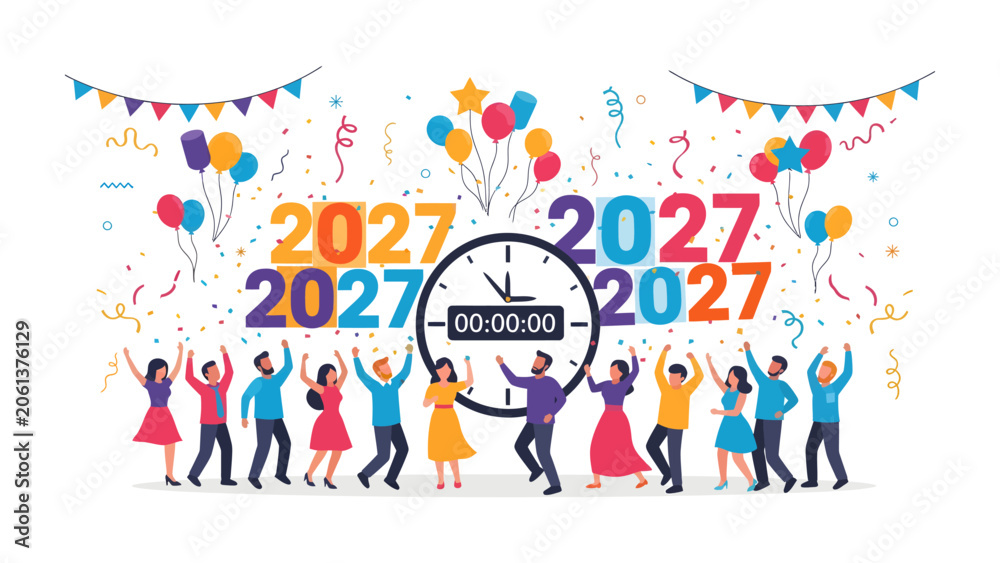 Naklejka premium New Year Celebration 2027: People joyfully celebrate the arrival of the New Year 2027 with confetti, balloons, and a countdown clock, marking a moment of hope and new beginnings.