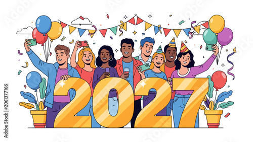 Photography New Year's Eve Celebration: A vibrant illustration captures a diverse group of friends joyfully celebrating New Year's Eve 2027, surrounded by balloons, confetti, and festive decorations