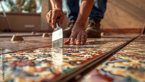 Tile installation process. Tiler using spatula and adhesive with close-up hands. Supports and stilts for leveling ceramic tiles on terrace or balcony.