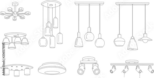 Set of modern ceiling light fixtures and pendant lamps in black line art vector illustration for interior design